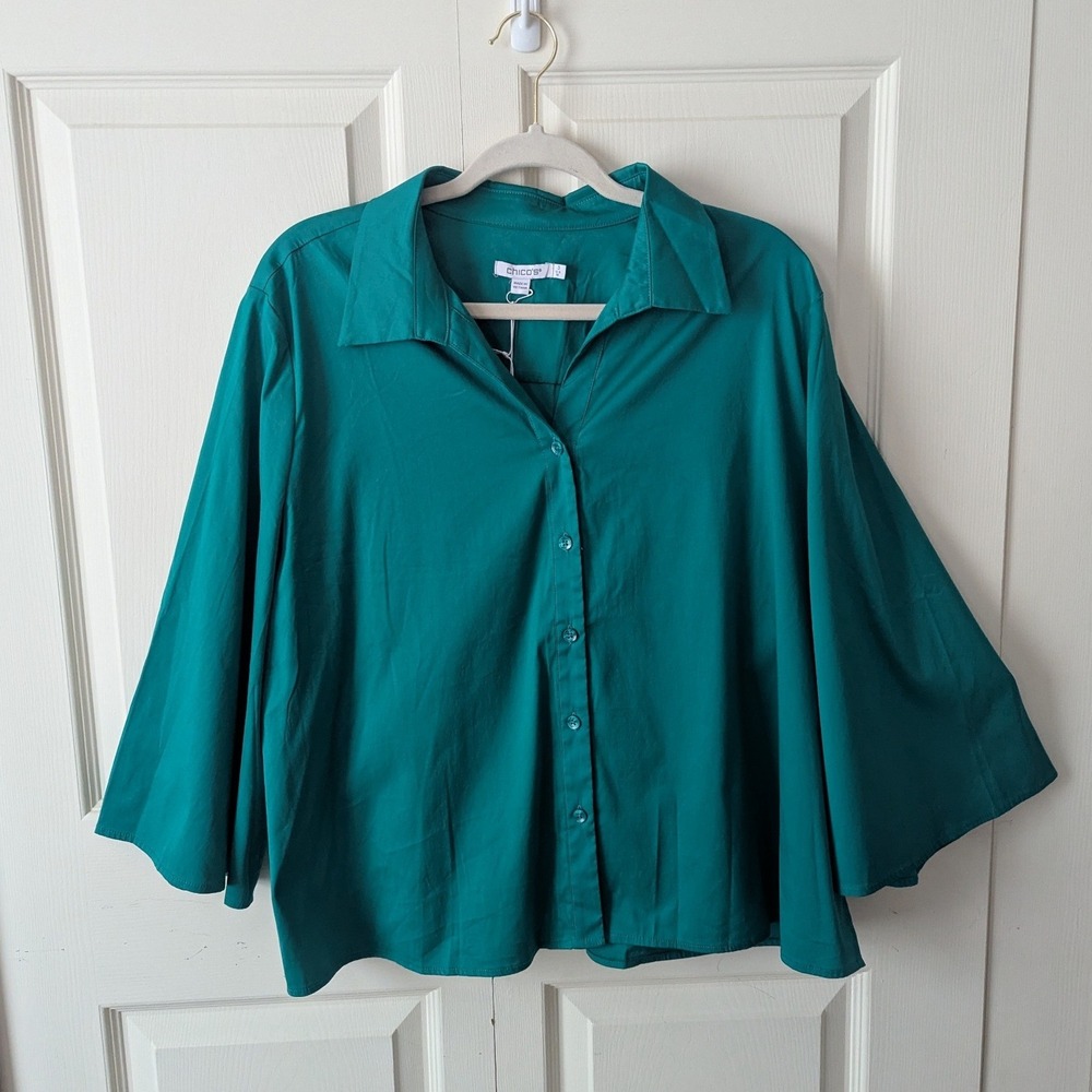 Chicos Poplin Shirt Sz 3 16 Ceramic Kelly Green Cape Sleeve Button Down Top Boxy